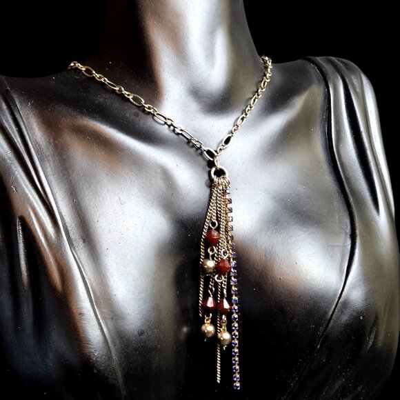 Boho Tassel Fashion Necklace Gold Brass Tone Brown Beads Blue Rhinestones 28" - Picture 1 of 7